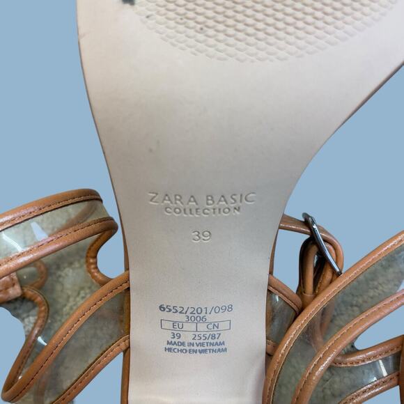 Zara lucite clear tan brown ankle strap block heels sandals size EU 39 US 8 - Picture 7 of 16